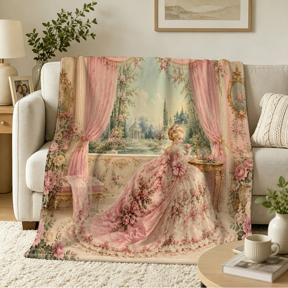 1pc Rococo Style Flannel Blanket Soft Comfortable Sofa Nap Blanket Home Decor Retro Noble Lady Floral Garden Palace Scenery Patt