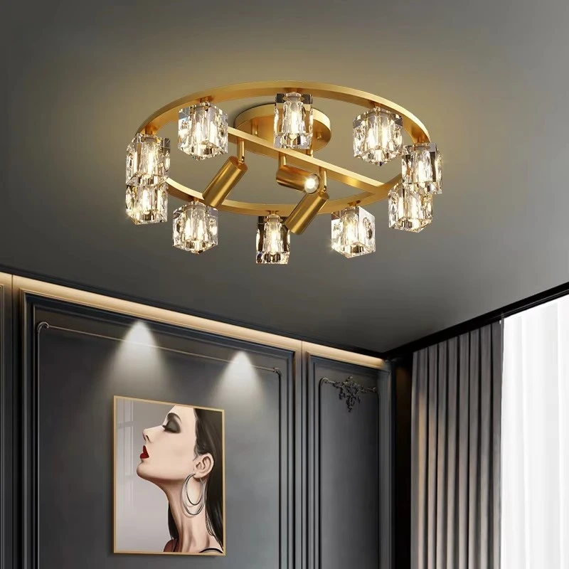 

All Copper Light Luxury Living Room Light Modern And Simple Crystal Ceiling Light Restaurant With Spotlights Bedroom Light