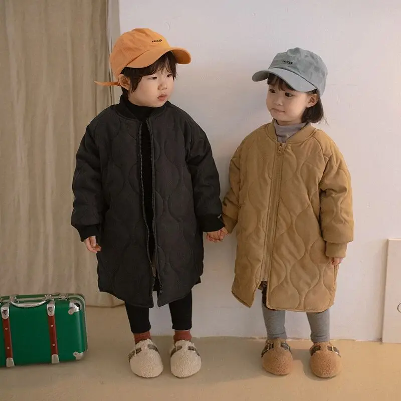 Korean Kids Outerwear Winter Girl New Children Mid-length Padding Cotton Coat Baby Boys Warm Cotton Clothes Loose Coat 2-7Yrs