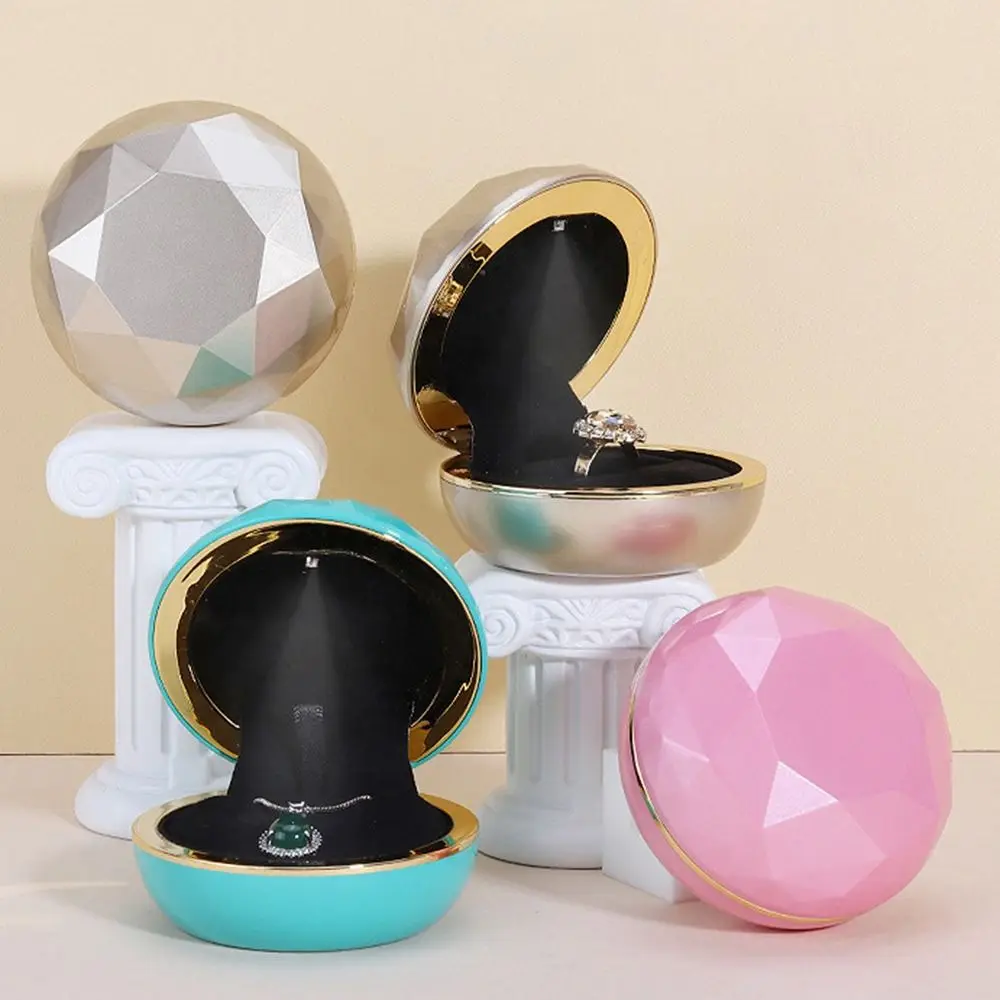 Round Jewelry Storage Box with LED Light Round Edge Earrings Ring Display Case Baking Paint Jewelry Packaging Box