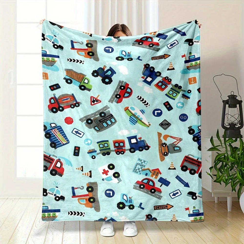 Construction Vehicles Print Blanket Reversible Flannel Throw for Kids Playtime AllSeason Comfort Building Fun Gift