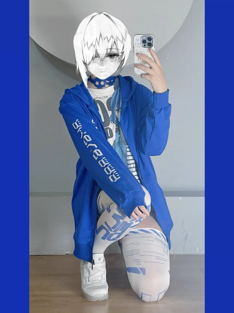 Japanese Long-sleeved Zipper Hoodies Blue Mechanical Spine Print Large Hooded Loose Spring Autumn Thin Sweatshirt Jacket Clothes