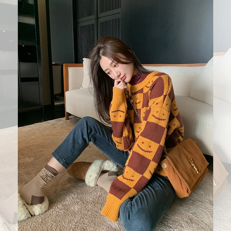 

Smiling Sweater Casual Knitted irt Chboard Pattern Tassel round Ne Long Sve for Men And Women Thermal Commute Sle...