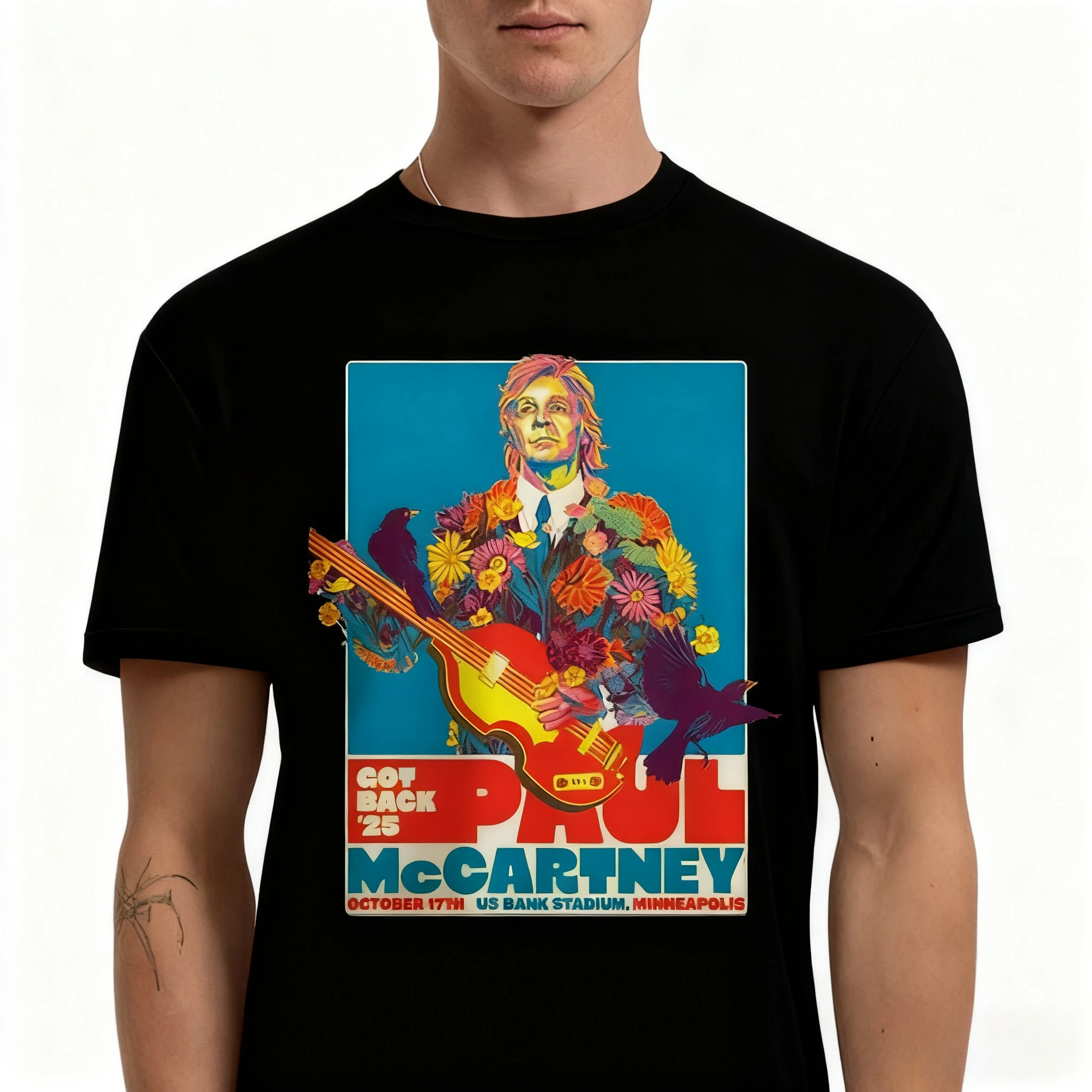 بول مكارتني مينيابوليس 2025 الحفل تي شيرت مخدر الأزهار الطيور الجرافيك عادية المحملة لمحبي موسيقى الروك الملابس العصرية