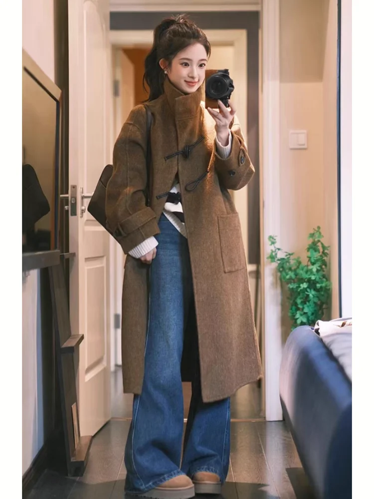

Ретро-корейское женское шерстяное пальто с длинными рукавами, на пуговицах, свободного кроя, зимняя верхняя одежда, модное, элегантное