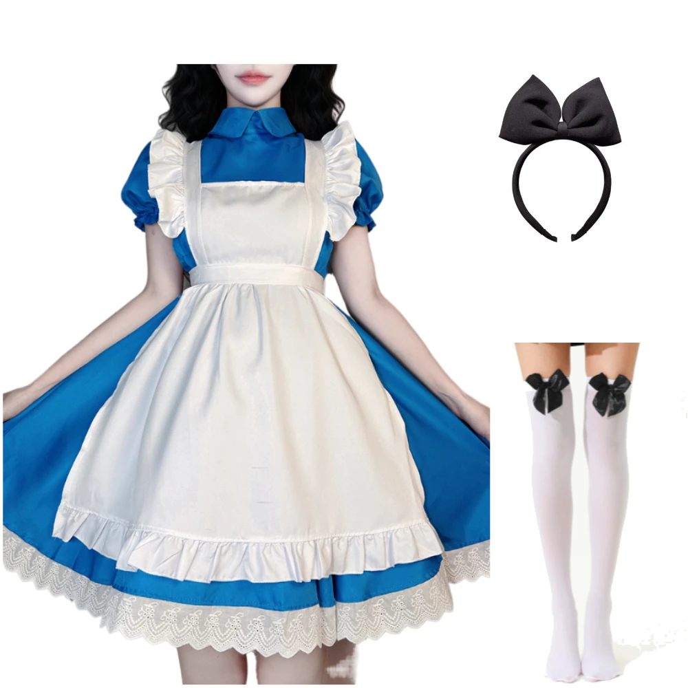 

Blue Alice Princess Fugitive Maid Uniform Dress Halloween Performance Countryside Style Lolita Modern Dance Costume Women