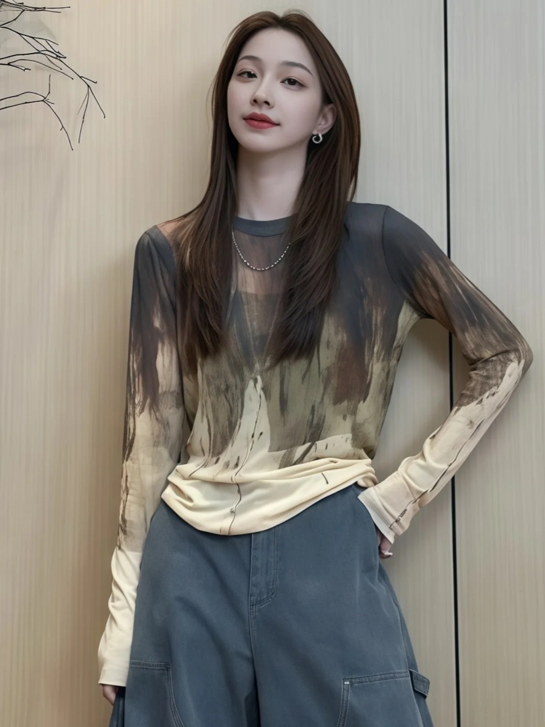 

adual Tie Dye Long Sve T irt Autumn plus Size Women's Base irt Button Tag Cut Design Loose Fit High Waist Print