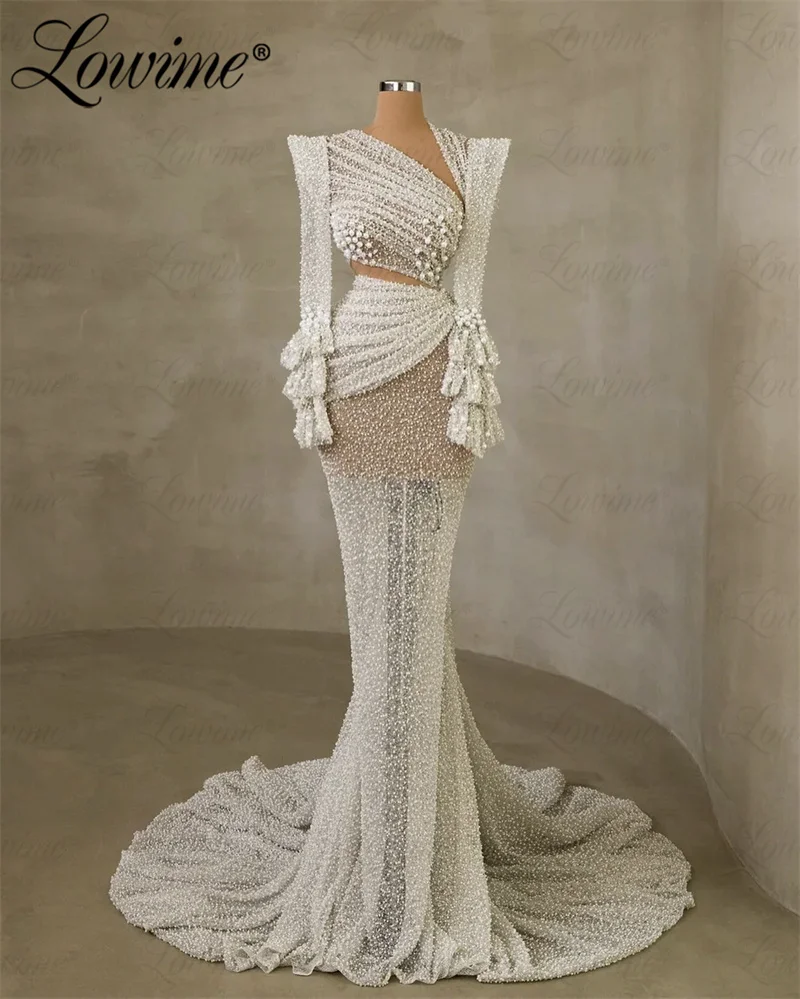 Elegant Long Sleeve Ivory Party Dresses Pearls Mermaid Celebrity Dresses 2024 Heavy Beads Women Prom Evening Gowns Abendkleider