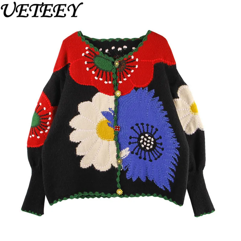 

Ethnic Style Contrast Color Embroidered Flower Sweater Cardigan Top Women 2024 Spring Autumn Puff Sleeve Knitted Coat Outer Wear