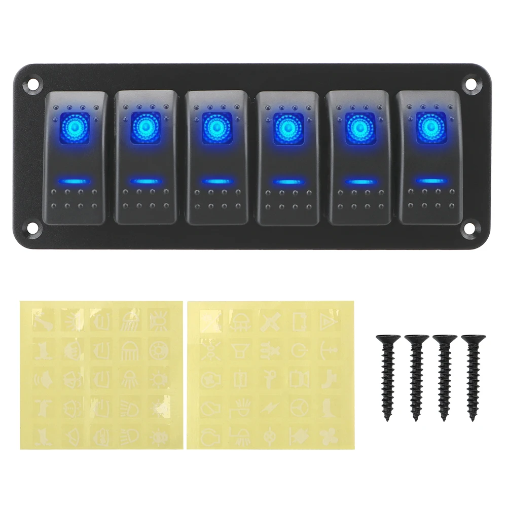 12/24V 6 Gang LED Toggle Switch Panel ON-OFF Rocker Switch Panel Double Light Switch for Marine Boat Caravan RV Waterproof