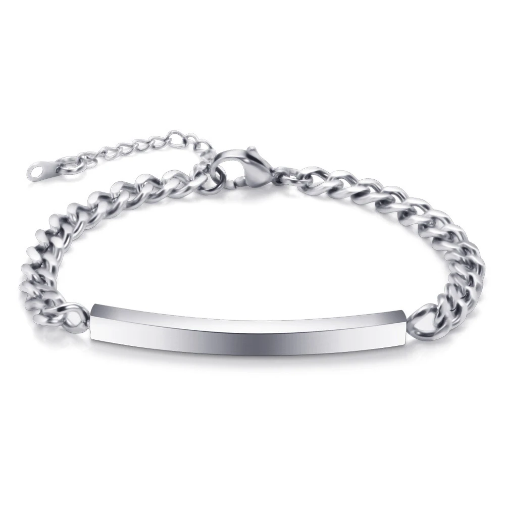 4MM and 7MM smooth long strip laser stainless steel couple bracelets that can be engraved