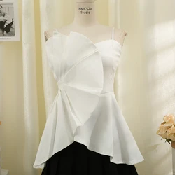 Women Chic Ruffle Asymmetrical Off Shoulder Camis Korean Elegant Tank Top Slim  Sexy Fashion Crop  Tops Summer Women Clothing