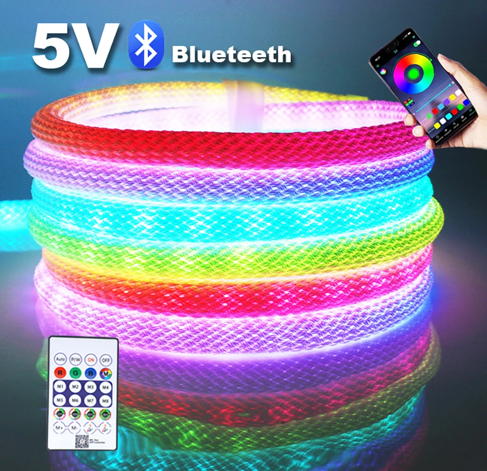 5V USB RGB LED Neon Rainbow Rope Light Strip 360 Round Bluetooth 24Key Remote Control Kit WS2812B 1m 2m 5m IP67 Flex Lamp Decor