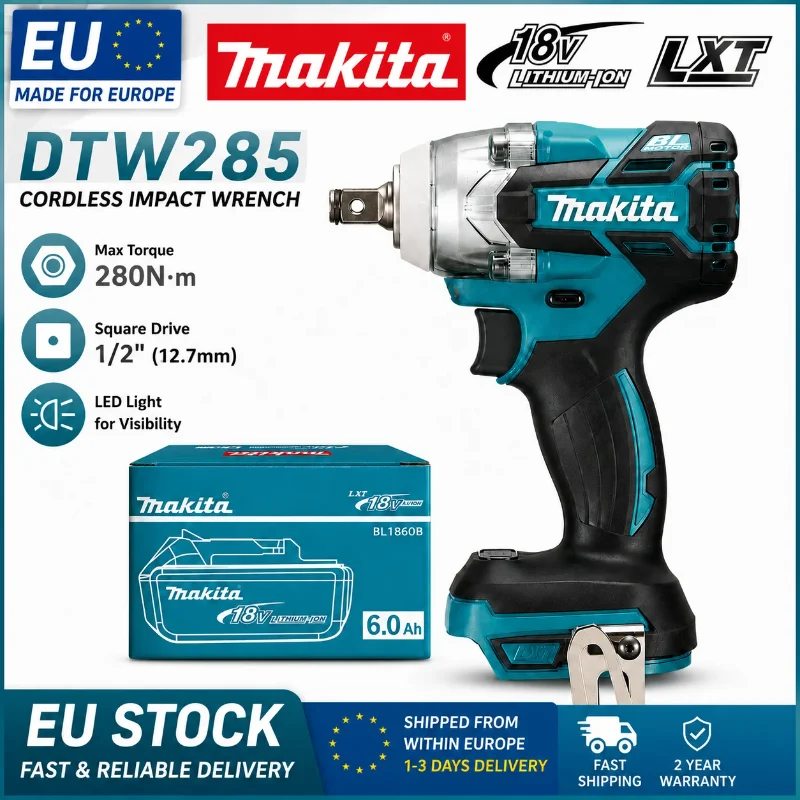 Makita DTW285 18V Schlagschrauber 320N·m Bürstenlos Kabellos + 6,0Ah Akku Hochdrehmoment-Elektrowerkzeug EU-Lager 1–3 Tage Versand