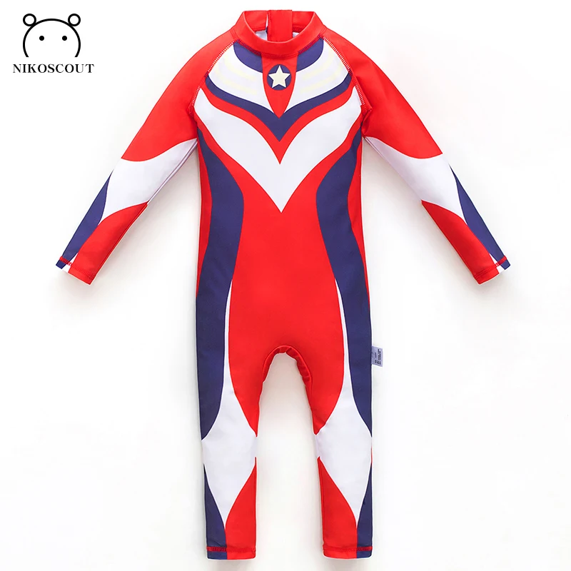 Children's Swimsuit Boys Primary School Boys Teenagers Long-Sleeved Sun Protection One-Piece Cartoon Big Kidsren Baby New Swimsuit