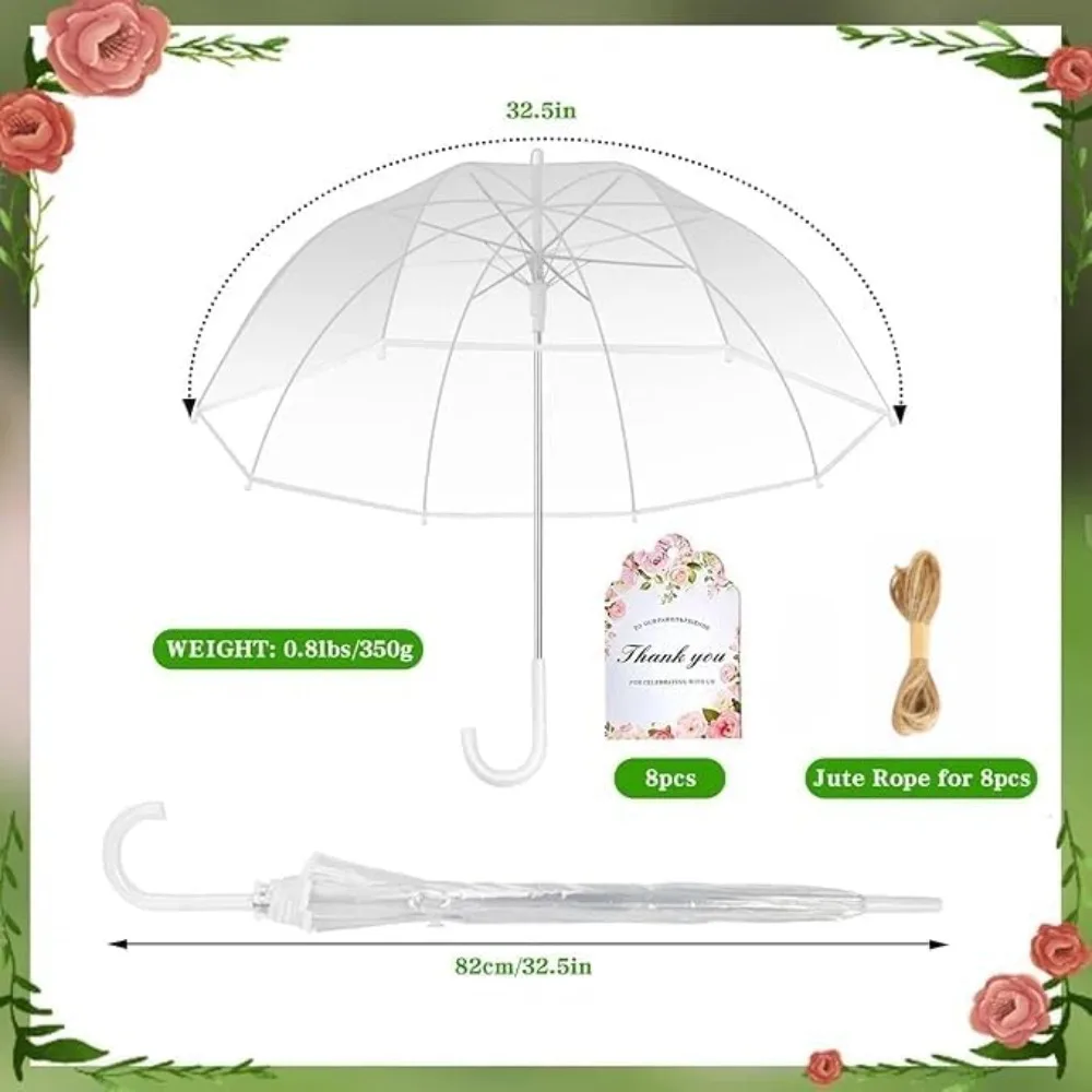Ombrelli da matrimonio trasparenti sfusi con manici per bastoncini, bomboniere per ospiti, biglietti di ringraziamento e corda: ideali per matrimoni e regali all'aperto