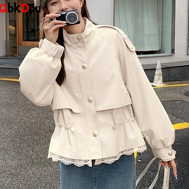 

Korean Design Stand Neck Trench Coats Women Casual Single Breasted Lace Gabardina Outerwears Spring Fall Solid Jackets Tops New