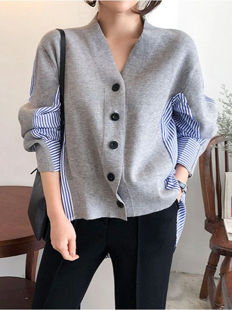 2020 Autumn New Striped Fake two-piece Stitching Fake Two Piece Women Knit Outwear Loose Shirt Batwing Sleeve Sweater