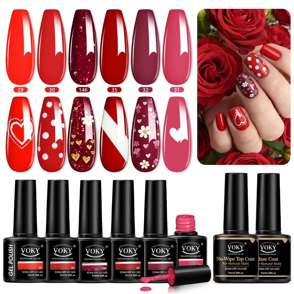VOKY Set da 8 pezzi di smalto acrilico rosso, fornito con primer e top coat, polimerizzazione UV/LED, adatto per fai da te nei saloni di bellezza