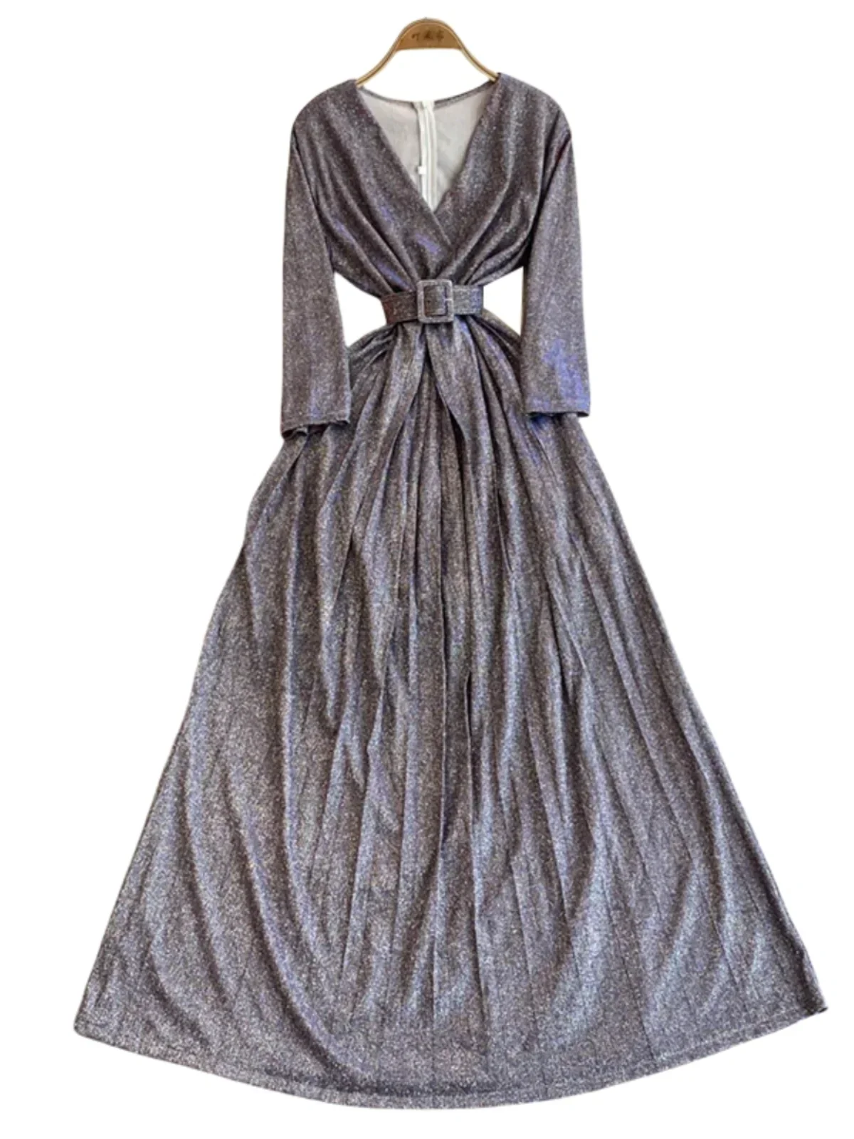 Foamlina Vintage Long Sleeve Evening Dress for Women Banquet V-neck Waist Show Thin Silk Big Swing Party Dresses autumn image 6