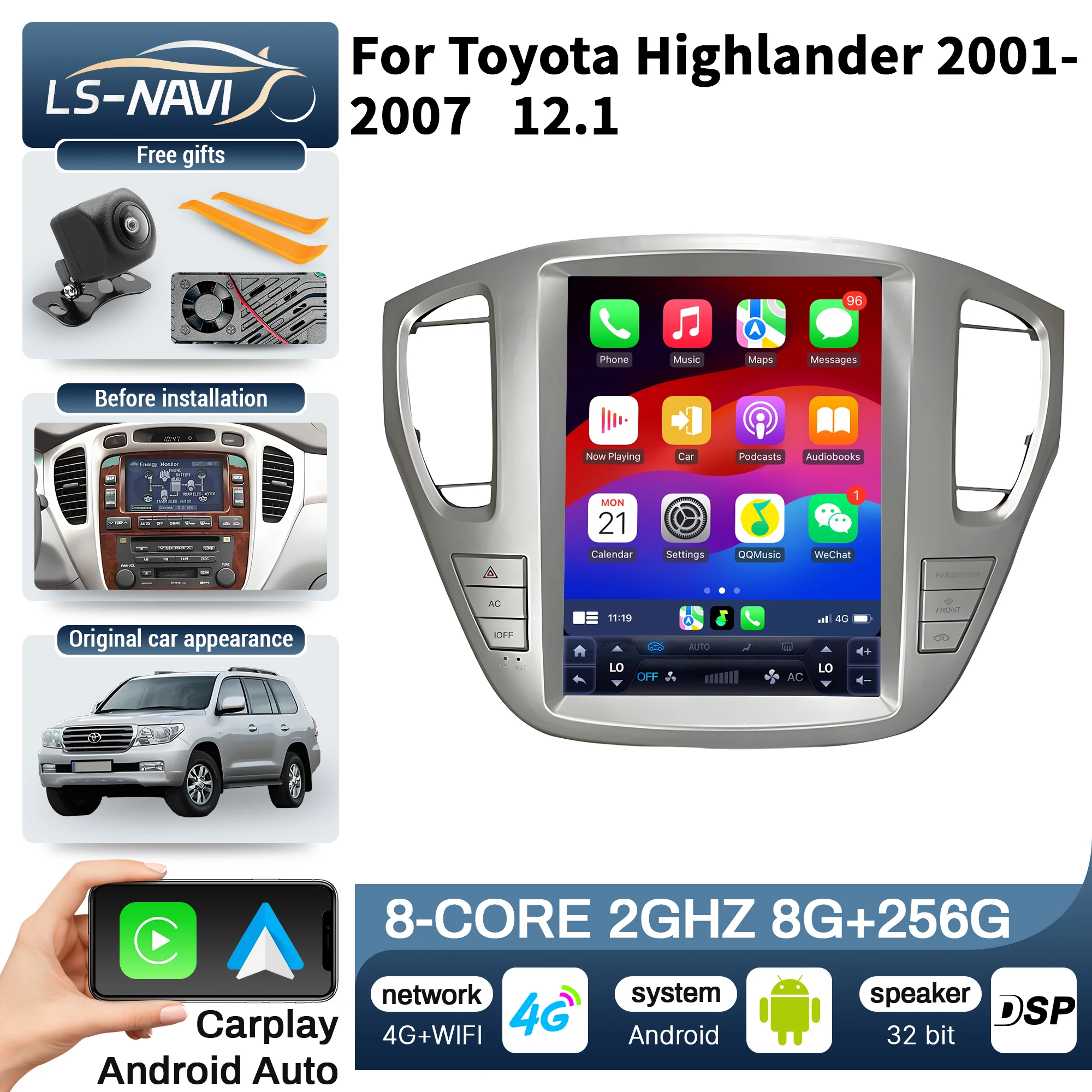 12.1 Inch Car Radio for Toyota Highlander 2001-2007 Android 14 4G Touch Screen Stereo Wireless Bluetooth CarPlay Head Unit
