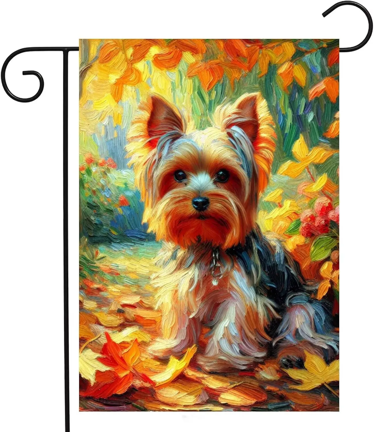 Oil Painting Cute Yorkshire Terrier Dog Autumn Maple Leaves Garden Yard Flag 12