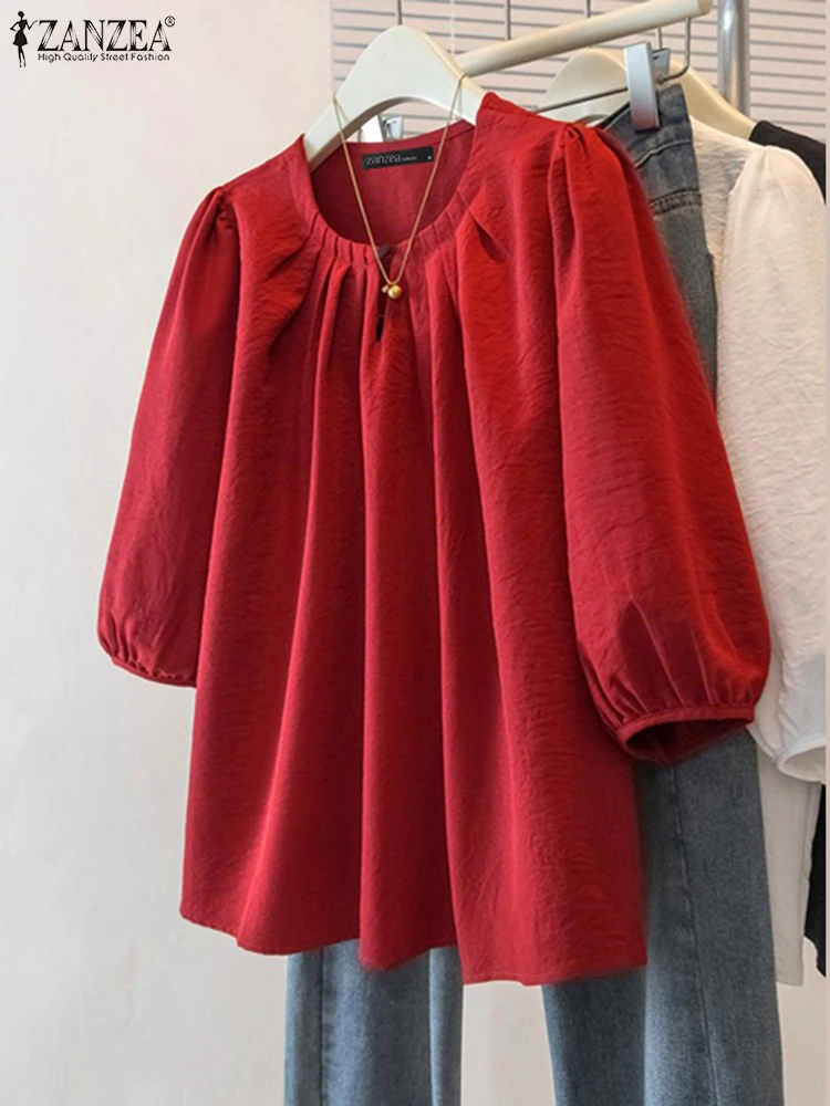 

ZANZEA Women Shirt Vintage Solid Color Blouse 2025 Summer Fashion 3/4 Sleeve O-Neck Casual Tunic Tops Loose Pleat Elegant Blusas
