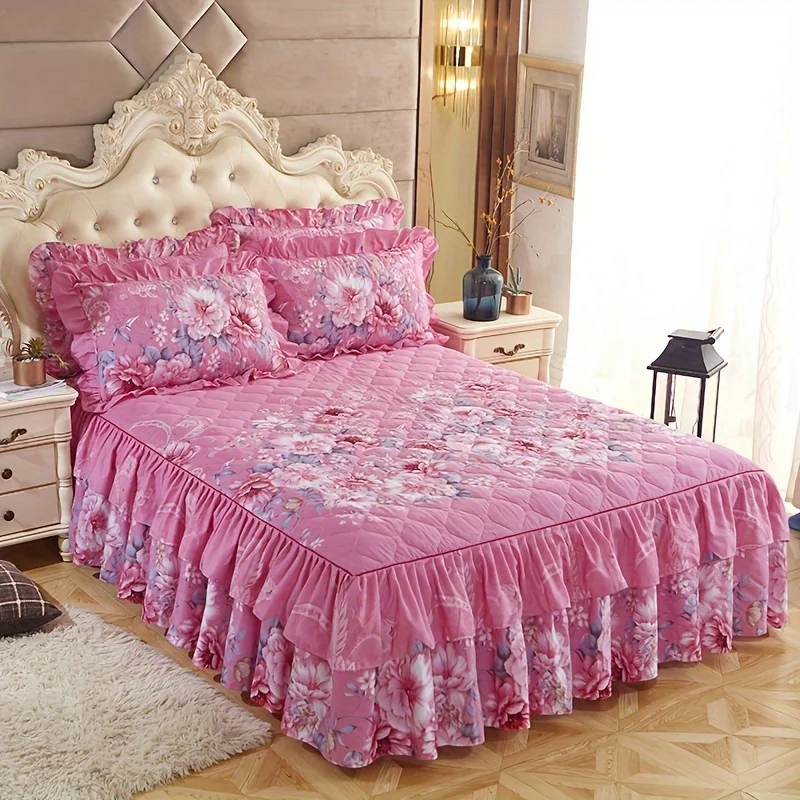 3pcs Layered Macrame Bed Skirt Set (Bed Skirt *1+ Pillowcase*2, Without Core), Flower Printed All Seasons Universal Non-slip Bed