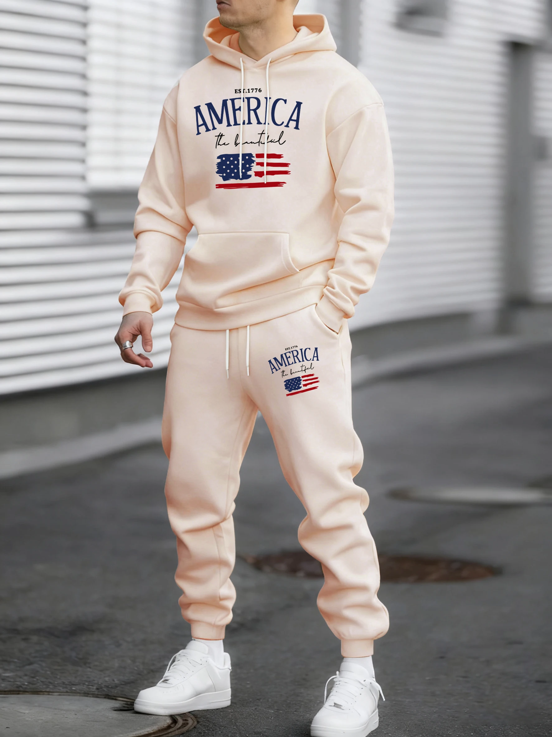 

America Est 1776 Printed Tracksuit For Man Fashion Set Casual Fleece Simple Pants Loose Hoodies Mans Autumn All-Match Clothing