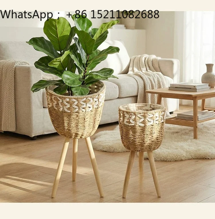 SCY creative straw rattan bamboo flower basket wooden flower stand floor-to-ceiling interior living room decoration