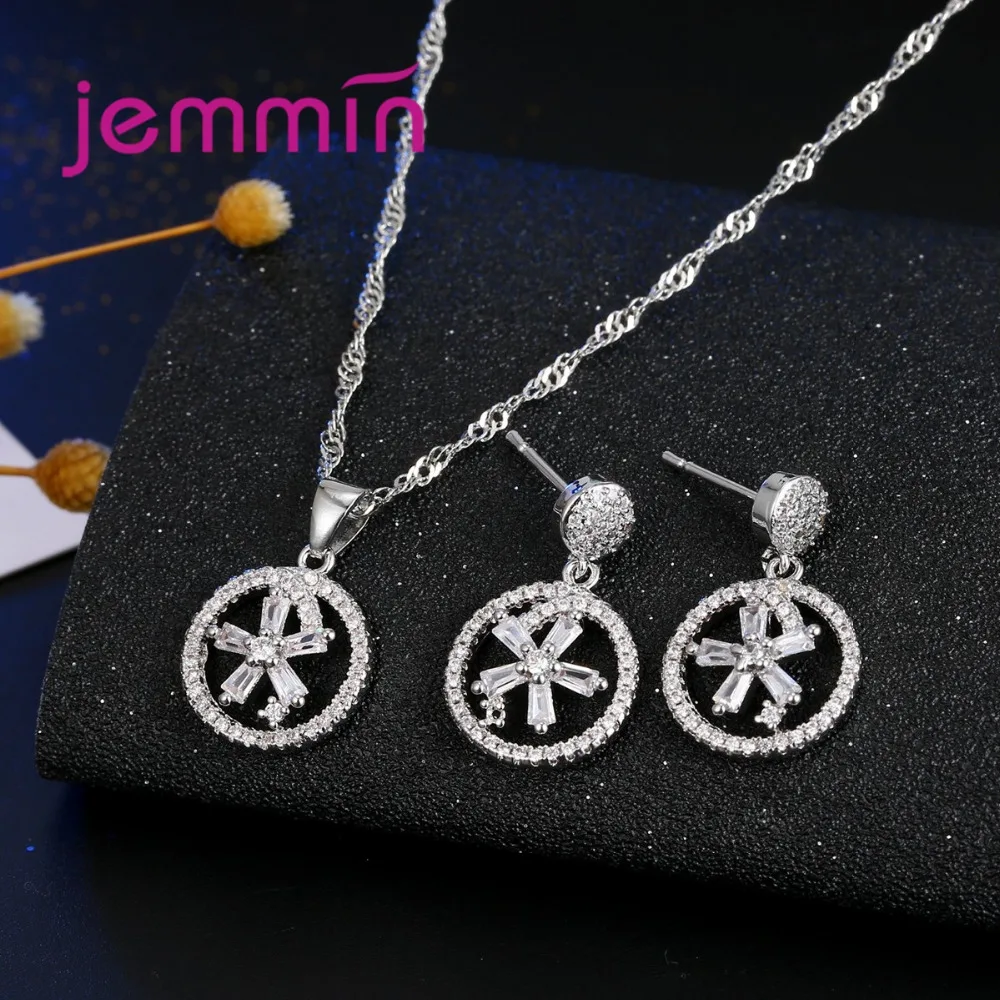 Genuine 925 Sterling Silver Jewelry Sets Round Shaped Micro CZ Crystal Pave Pendant Necklace Earrings For Women