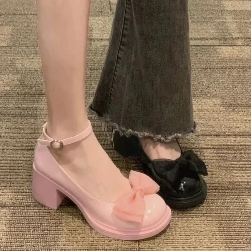 Female Shoes 2024 Spring Round Toe Platform Mary Jane Shoes Pink Women's Leather Shoes Comfort Square Heel Pumps Zapatos Mujer