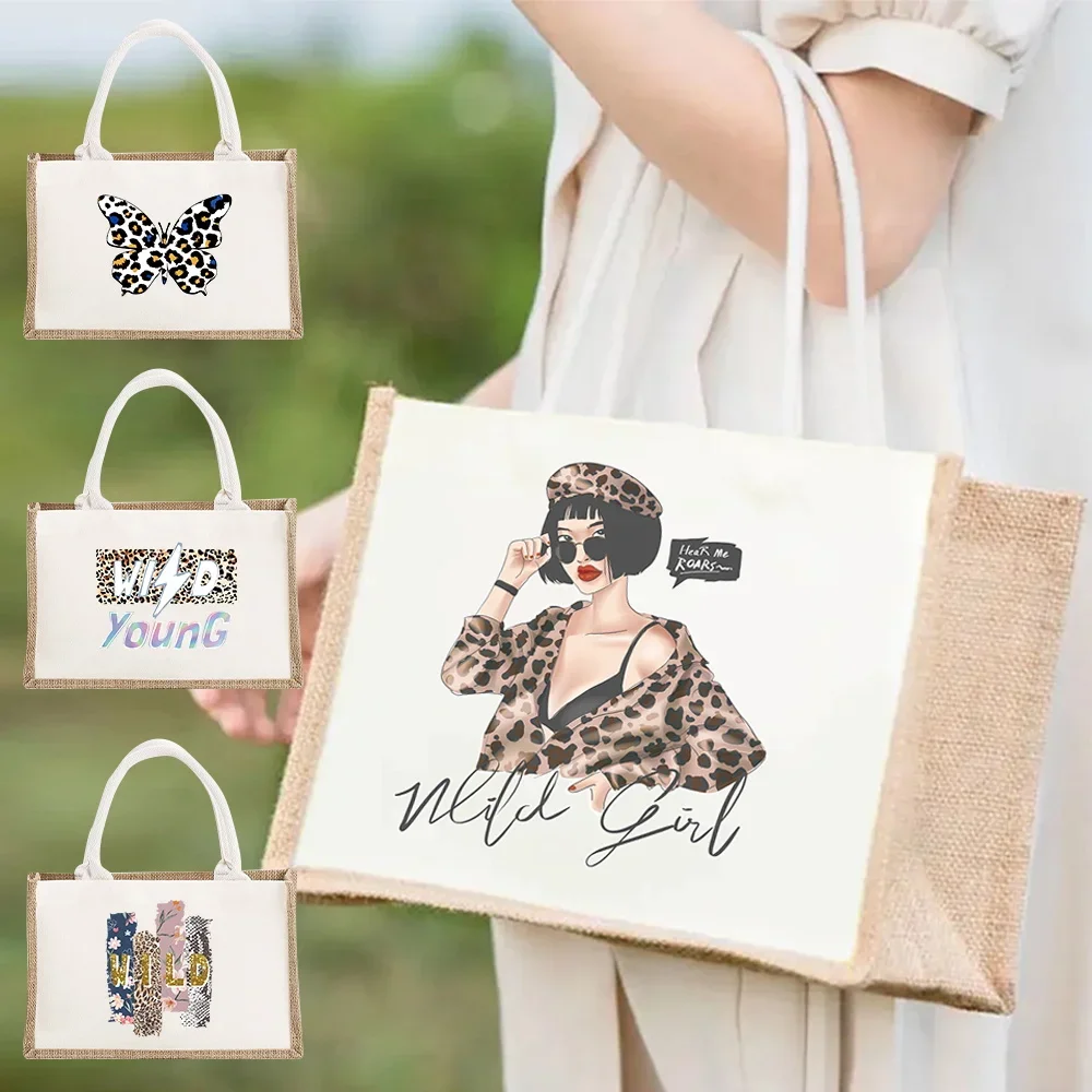 Tote Bag Shopping Bags Reusable Jute Burlap Handbags for Women Grocery Eco Female Cloth Shopper Bag Purse Wild Pattern Series