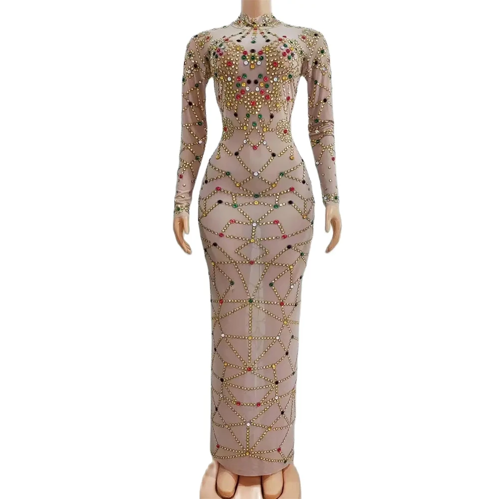 

Sexy Multi-color Rhinestones Transparent Long Dress Birthday Celebrate Outfit Evening Women Dance Show Photo Shoot Dress