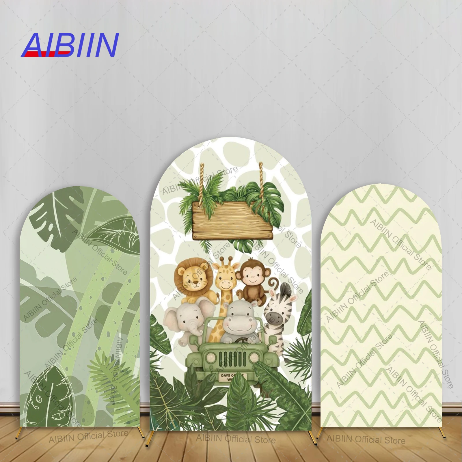 Toile de fond arche animaux de la savane, feuilles vertes, éléphant, zèbre, singe, lion, pour anniversaire garçon, baby shower, décoration de fête