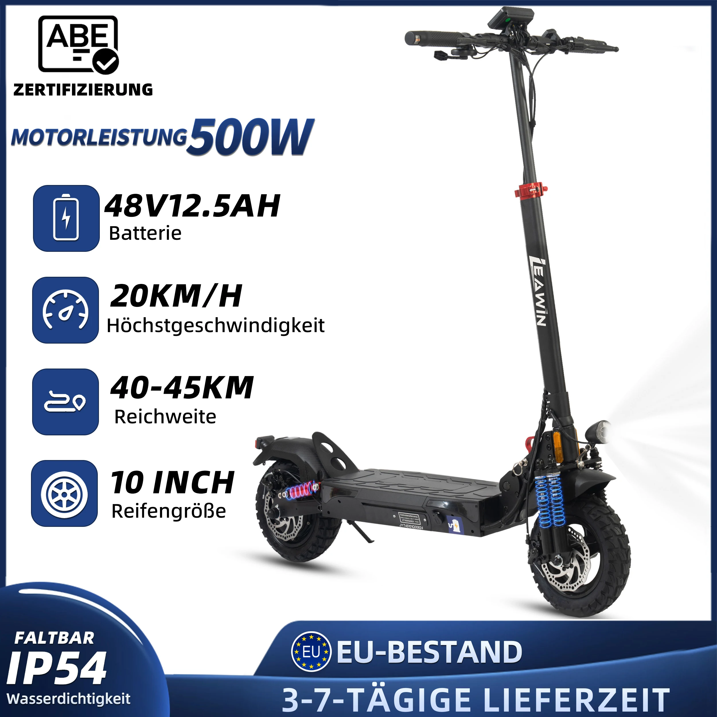 Elektroroller for Adults mit ABE, 48V 12,5 Ah Akku, 500W Motor, foldable 10-Inch E-scooter with Scheibenbremsen, fullfede