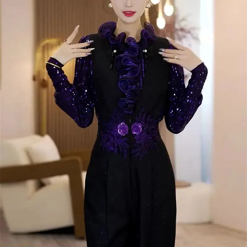 

Женский дизайн, тонкие вечерние топы с бисером, модная французская фиолетовая блузка с блестками 812P, весенняя роскошная кружевная рубашка с рюшами и воротником