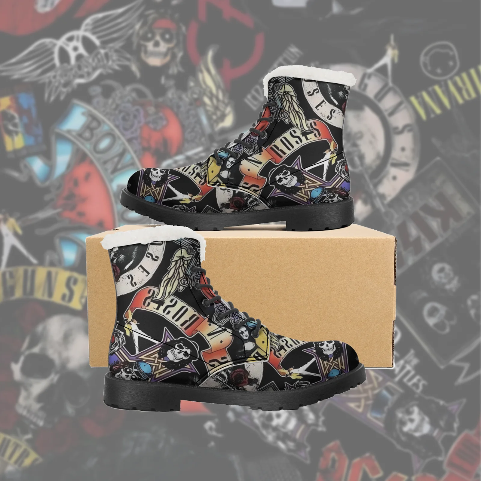 

Custom Shoes Skull pattern plush boots hip hop youth shoes casual boots hot selling mid-calf boots