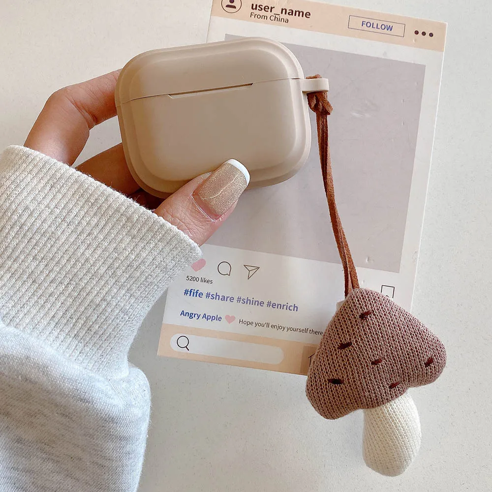 무광 다크 브라운 소프트 실리콘 이어폰 충격 방지 보호 커버, 애플 에어팟 4 3 2 1 프로 2 케이스, 사랑스러운 버섯 펜던트 포함