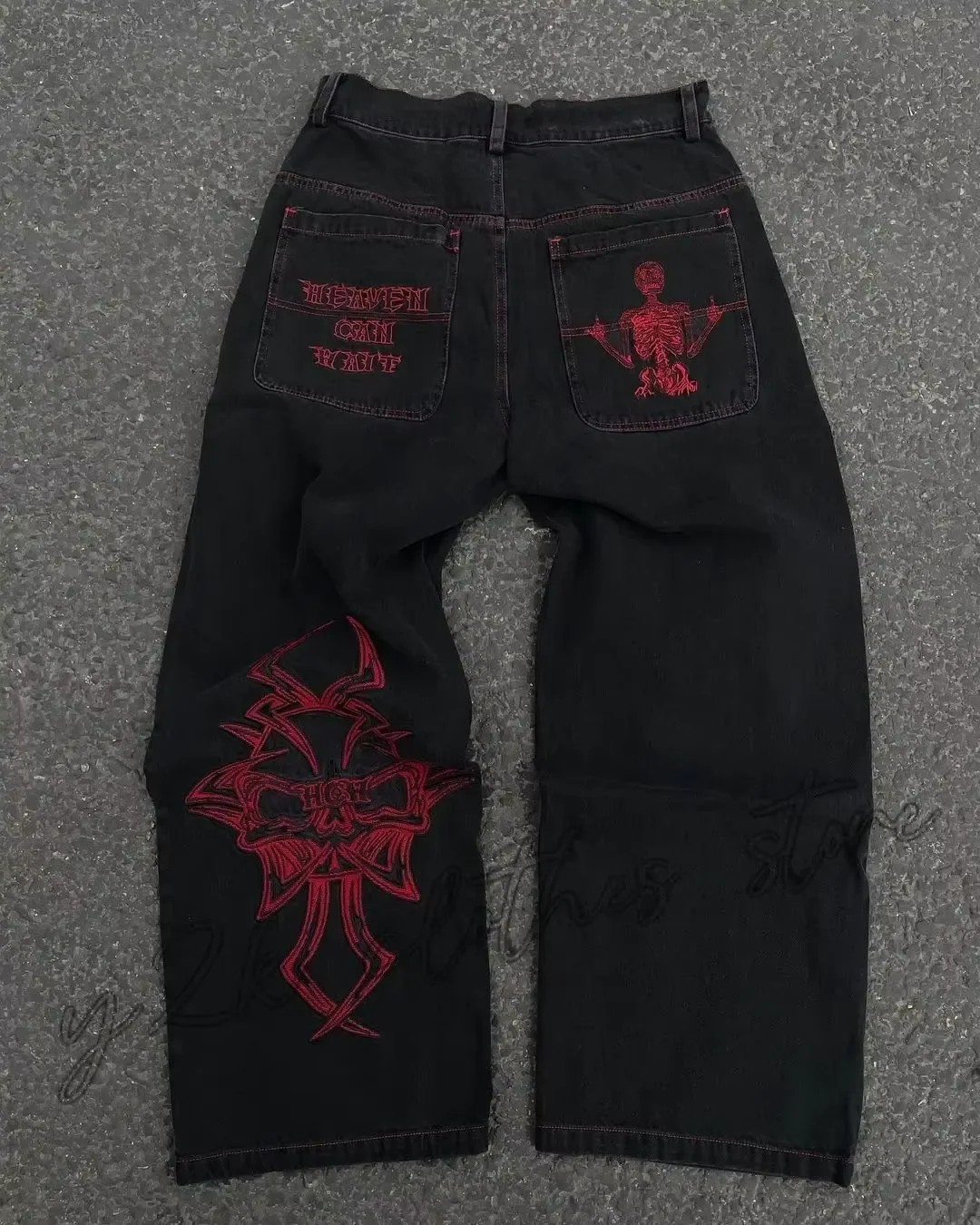 Pantalones vaqueros Y2K para hombre, Hip Hop, Retro, bordado de calavera, pantalones vaqueros holgados lavados, nuevos pantalones rectos informales sueltos de pierna ancha, ropa de calle