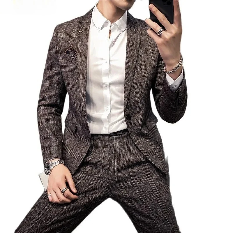 

Dark Brown Men's Two-piece Set, Asian Size Slim Fit Jacket with Long Pants, Navy Blue and Gray Business Office Suit, M-5XL.