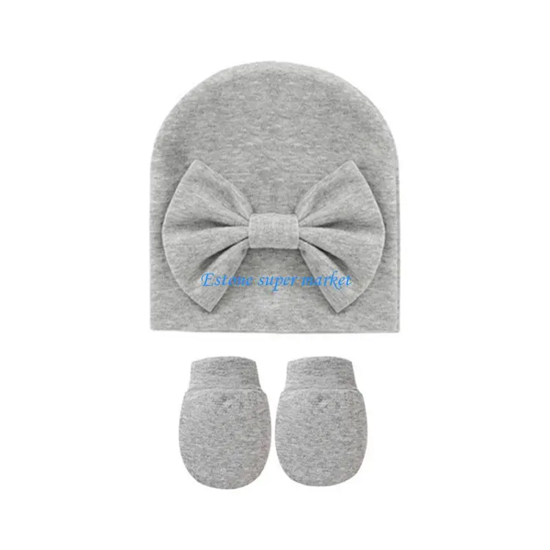 

090B 2 Pcs Baby Anti Scratching Gloves Bowknot Hat Set Infants Soft Cotton Mittens Cap for 0-3 Months Newborn