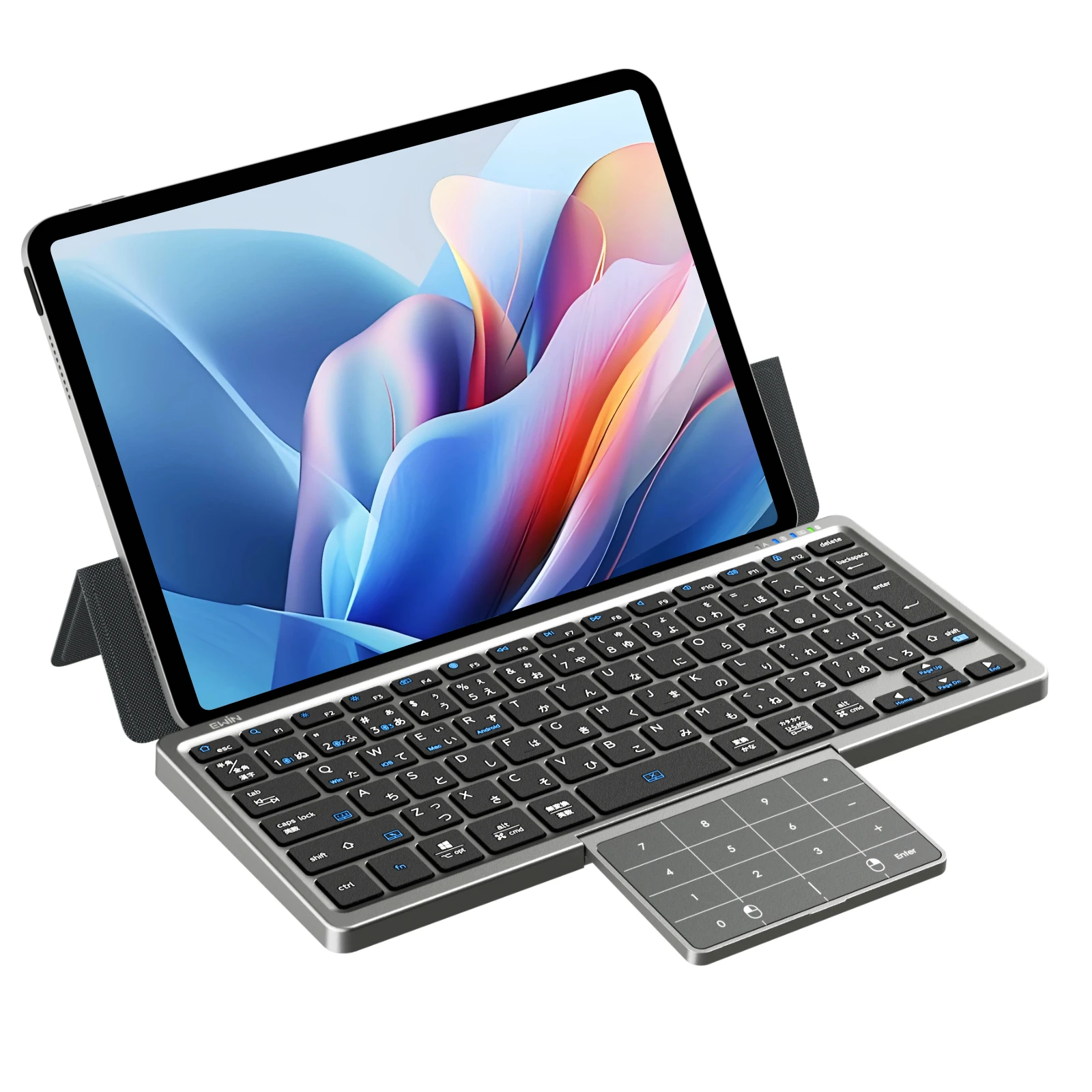 Ewin 折りたたみ キーボード Bluetooth 標準日本語配列 タッチパッド収納可能 ワイヤレスキーボード カバースタンド付き テンキー搭載 3台同時接続 Windows Android iOS Mac Type-C充電式 パソコン iPad iPhoneスマホ用 静音 持ち運び簡単 軽量 薄型