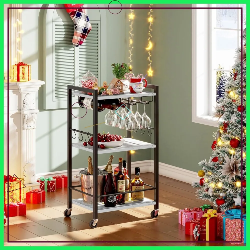 

3-Tier Rolling Bar Cart with Wine Rack, Glass Holder, and Brakes for Home Kitchen Living Room