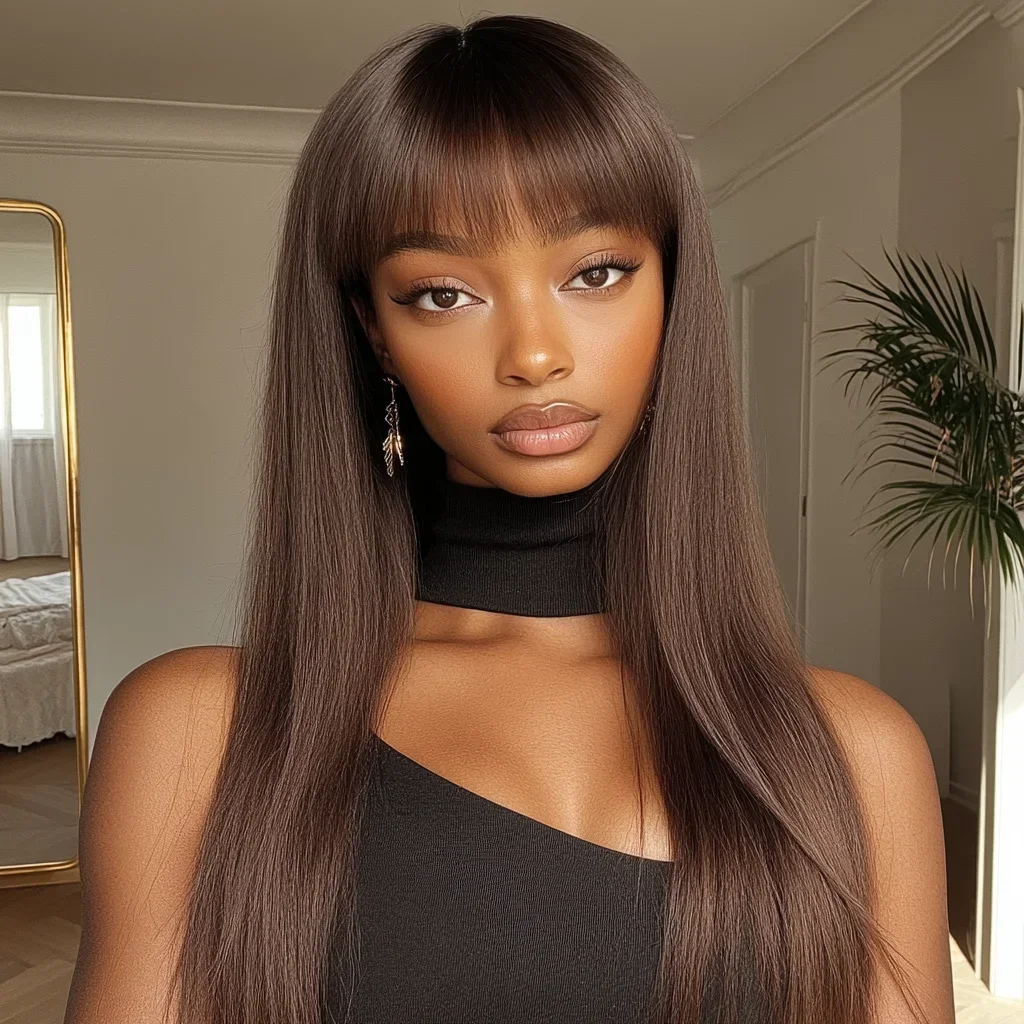 

Sleek Natural Brown Long Straight 100% Human Hair Wig With Bangs For Women Brazilian Remy Hair Full Machine Made Daily Wigs