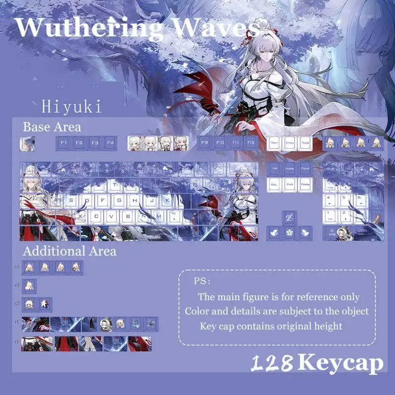 Anime Wuthering Waves Hiyuki PBT 128 Tastenkappen Cosplay Requisiten Achsengravierte mechanische Tastenkappen Gaming-Tischzubehör – Detail 2