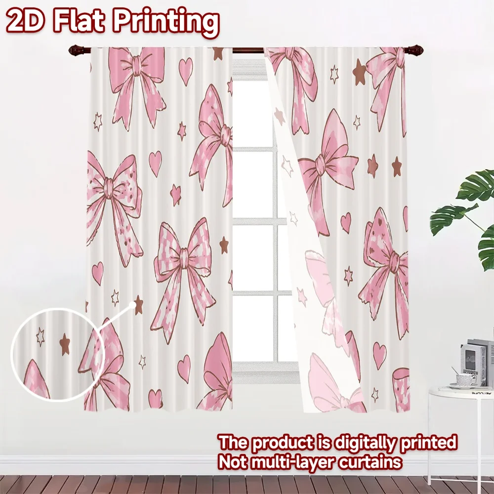 2D FLAT PRINTING 2pcs Curtains (Without Rod) Pink Bows and Hearts Popular Contemporary Curtains Versatile Polyester Fabric
