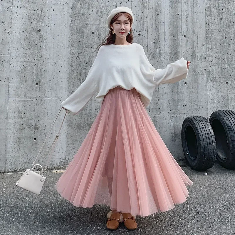 Women Skirt Fashion 2024 Summer A Line Ankle Length Elastic Waist Sun Tulle Mesh Long Skirt Relax Casual Street Wear Harajuku