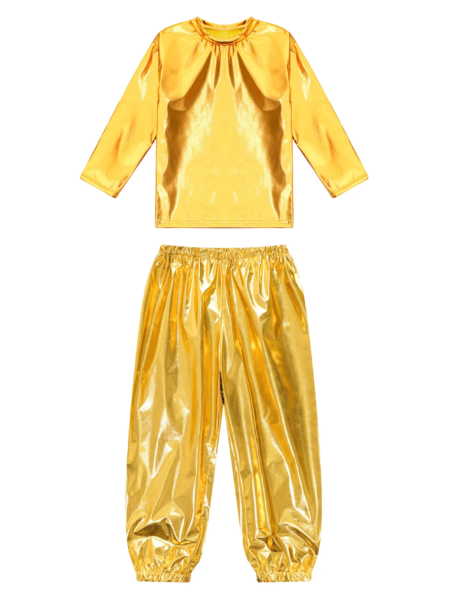 Tenue de spectacle de fête de danse Jazz Hip Hop pour enfants filles, T-shirt métallique brillant à manches longues et col rond avec pantalon, survêtement