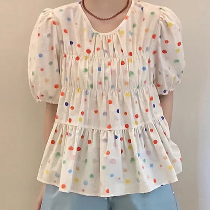 Summer Multicolor Polka Dot Printing Short Sleeve Blouse New Fashion Women Loose Casual Shirt Ladies Pleated Ruffled Tops 32